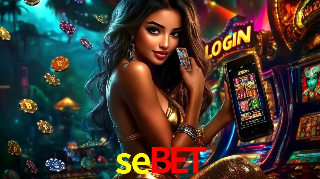 Mulher em um cenário de cassino temático de aventura, mostrando o app de caça-níqueis da sebet no celular. Fichas de apostas flutuam ao redor.