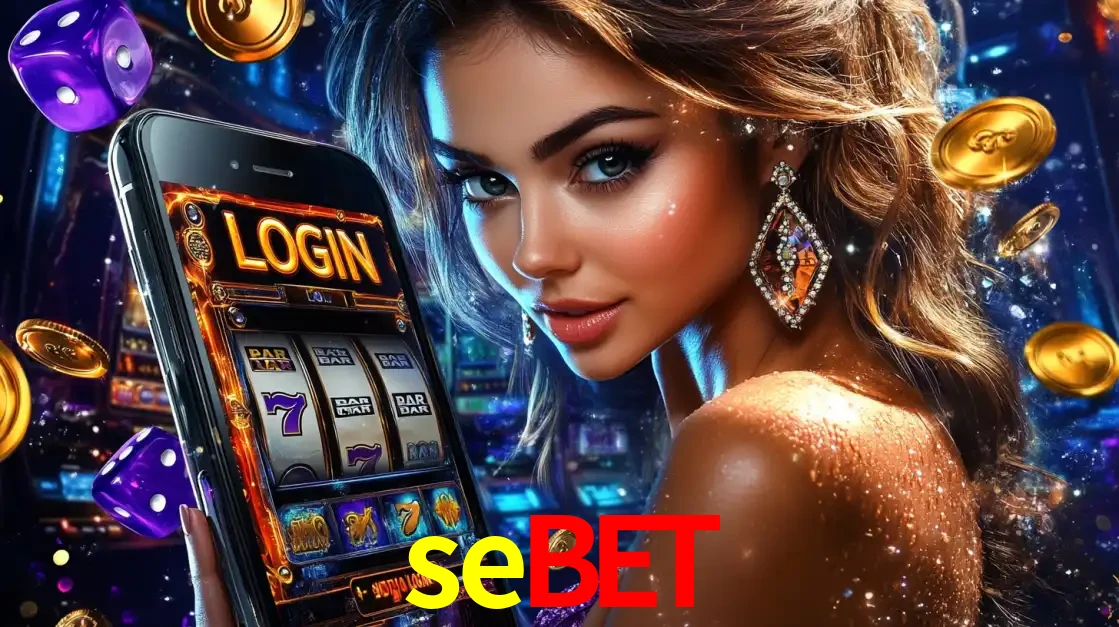 Mulher glamorosa segurando um smartphone com a tela de login para os jogos de caça-níqueis do cassino online sebet, com moedas de ouro e dados ao redor.