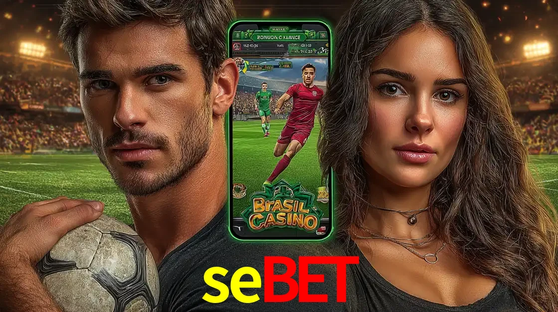 Homem segurando uma bola de futebol e uma mulher ao lado de um smartphone exibindo o jogo de apostas esportivas da sebet. Faça seu palpite no cassino online.